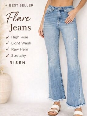 Risen High Rise Flare Jeans Light Wash Raw Hem Distressed Size 0/24 NWT